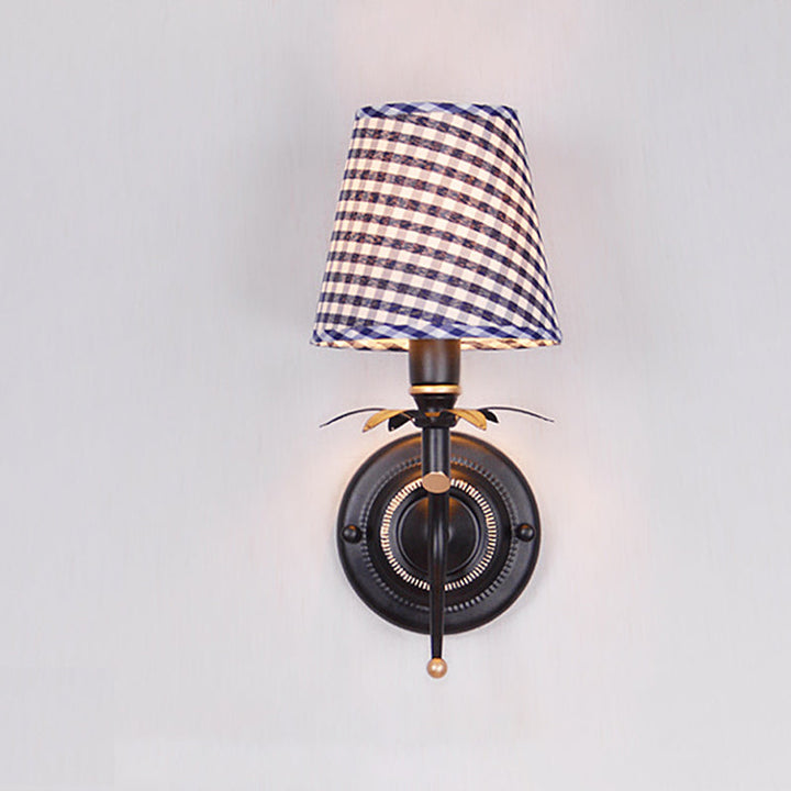 Skørter | Blue Single-Head Wall-Mounted Light Traditional Metal Cone Wall Light with Grid Fabric Shade