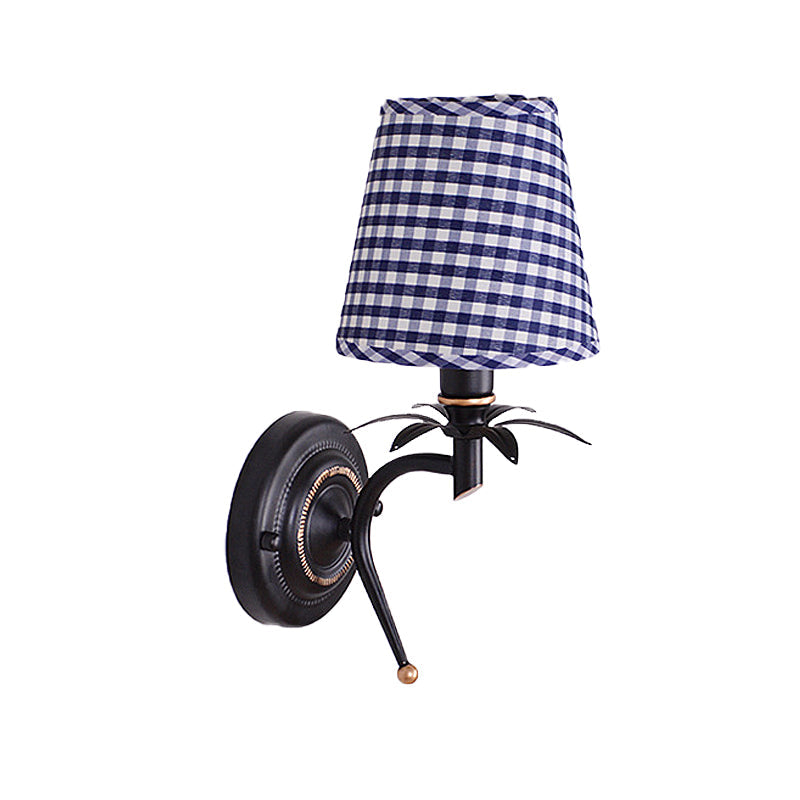 Skørter | Blue Single-Head Wall-Mounted Light Traditional Metal Cone Wall Light with Grid Fabric Shade