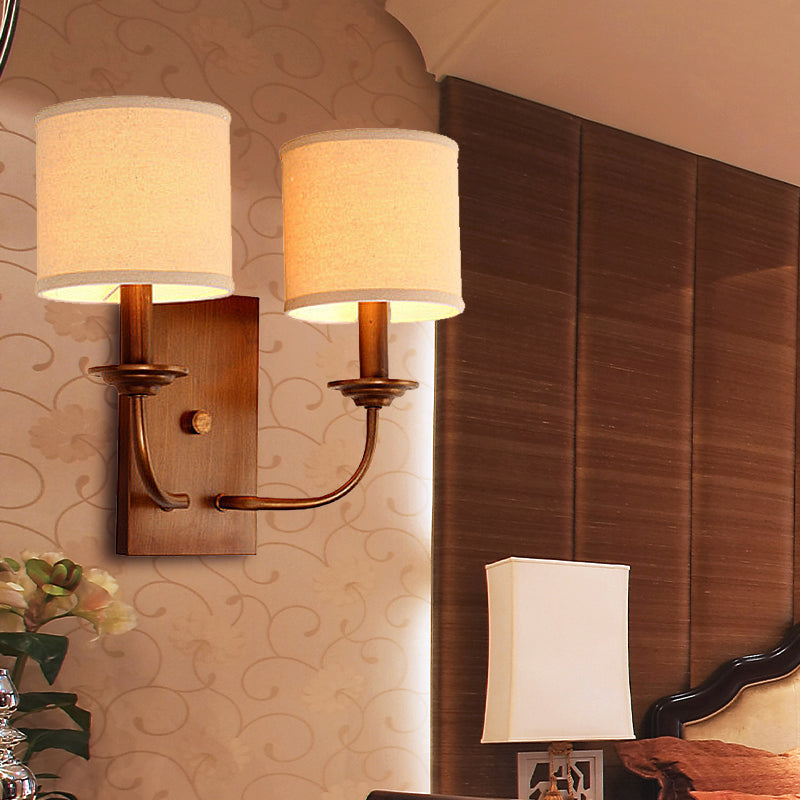 Skørter | Fabric Shadow Cylindrical Wall Lamp Vintage Style 1/2-Light Bedroom Wall Lamp Sconces in Flaxen