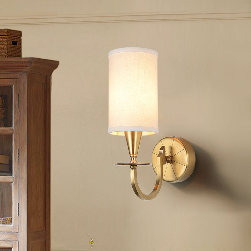 Skørter | Brass Cylinder Wall Lamp Retro Fabric Shade 1/2-Light Bedroom Wall Light with Metal Arc Arm
