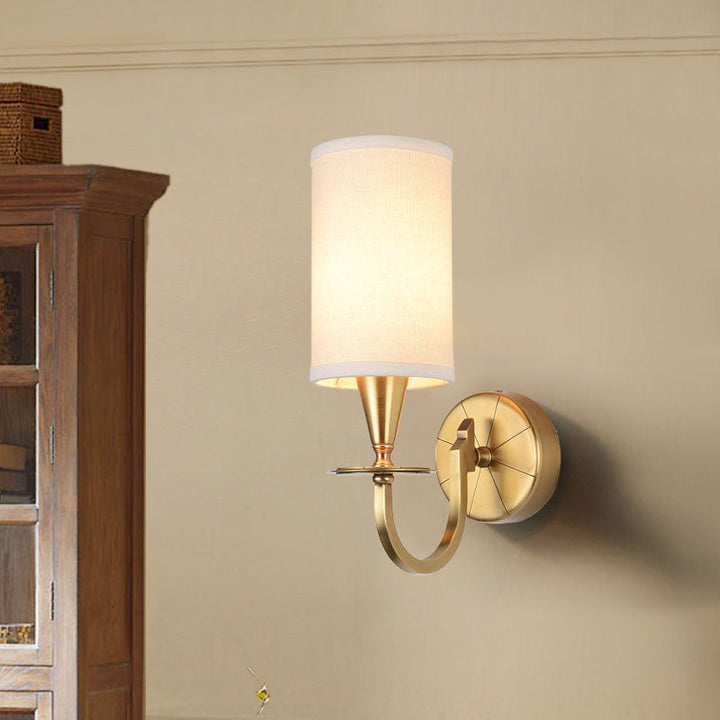 Skørter | Brass Cylinder Wall Lamp Retro Fabric Shade 1/2-Light Bedroom Wall Light with Metal Arc Arm