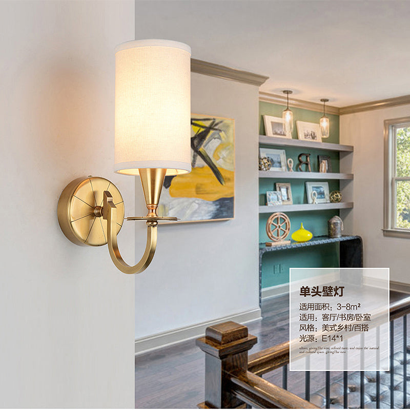 Skørter | Brass Cylinder Wall Lamp Retro Fabric Shade 1/2-Light Bedroom Wall Light with Metal Arc Arm