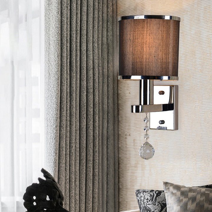 Skørter | Traditional Cylinder Wall Light 1-Light Fabric Wall Light with Crystal Accent in Chrome for the Bedroom