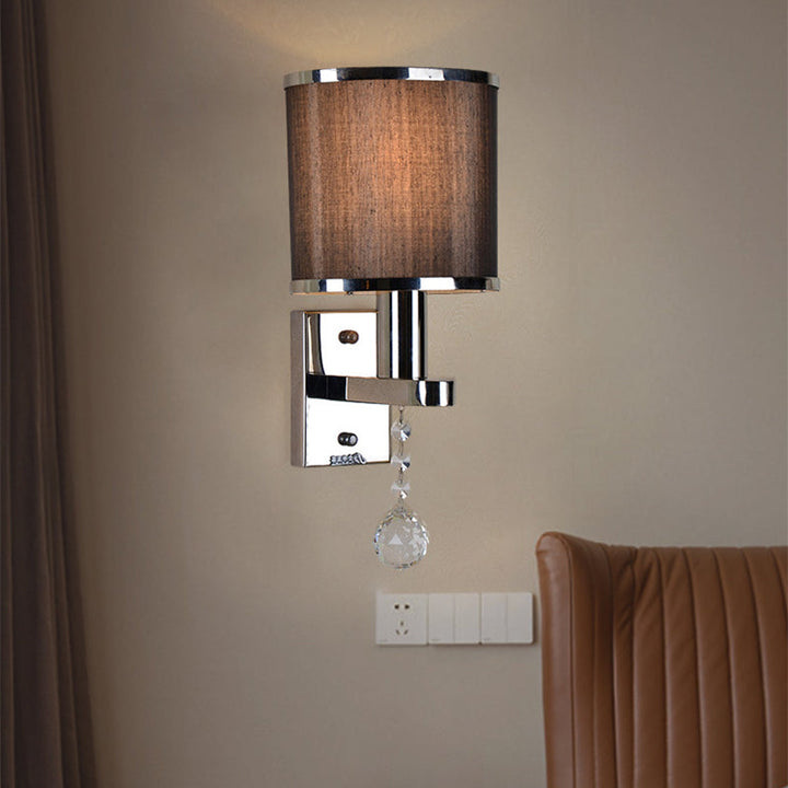 Skørter | Traditional Cylinder Wall Light 1-Light Fabric Wall Light with Crystal Accent in Chrome for the Bedroom