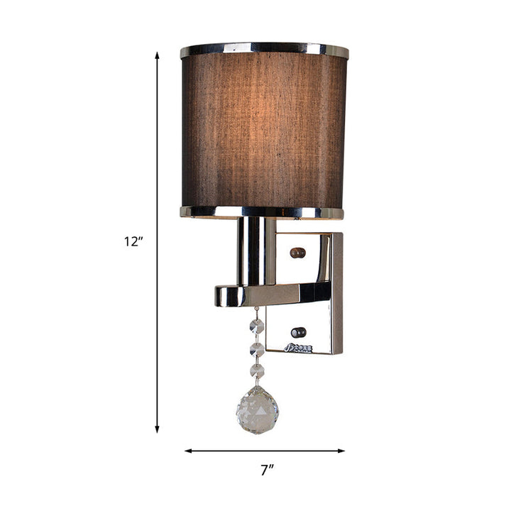 Skørter | Traditional Cylinder Wall Light 1-Light Fabric Wall Light with Crystal Accent in Chrome for the Bedroom