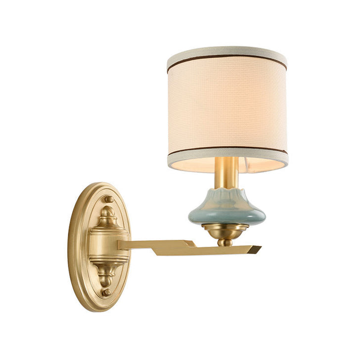 Skørter | Retro cylindrical wall lamp 1/2-light fabric wall lamp with porcelain shade in gold for porch