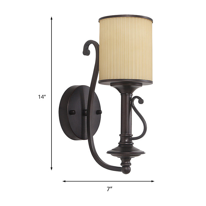 Skørter | Black Cylinder Shade Wall Lamp Retro Fabric Shade 1-Light Living Room Wall Light with Metallic Curved Arm