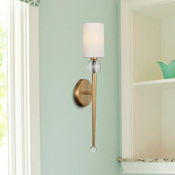 Skørter | Fabric cylindrical wall-mounted light modern 1 bulb living room wall lamp with clear crystal accent in gold