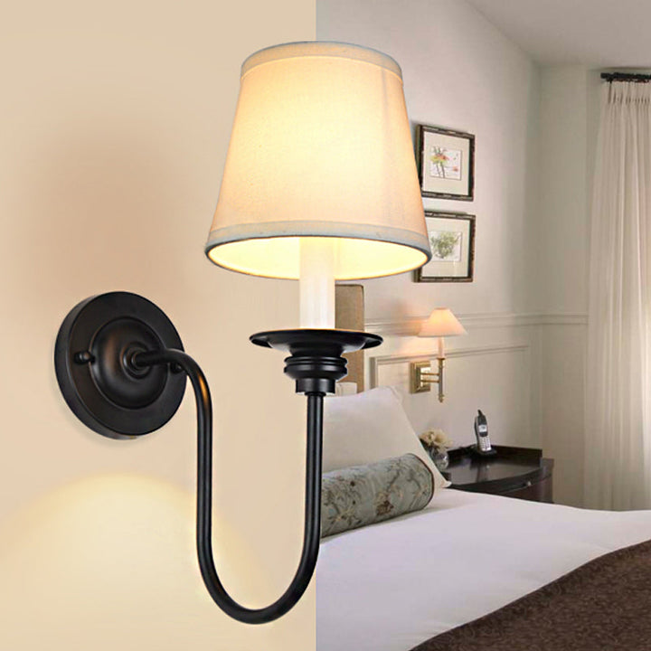 Skørter | Cone Fabric Wall Lamp Traditional 1 Main Bedroom Wall Lamp Light with Metal Curved Arm in White