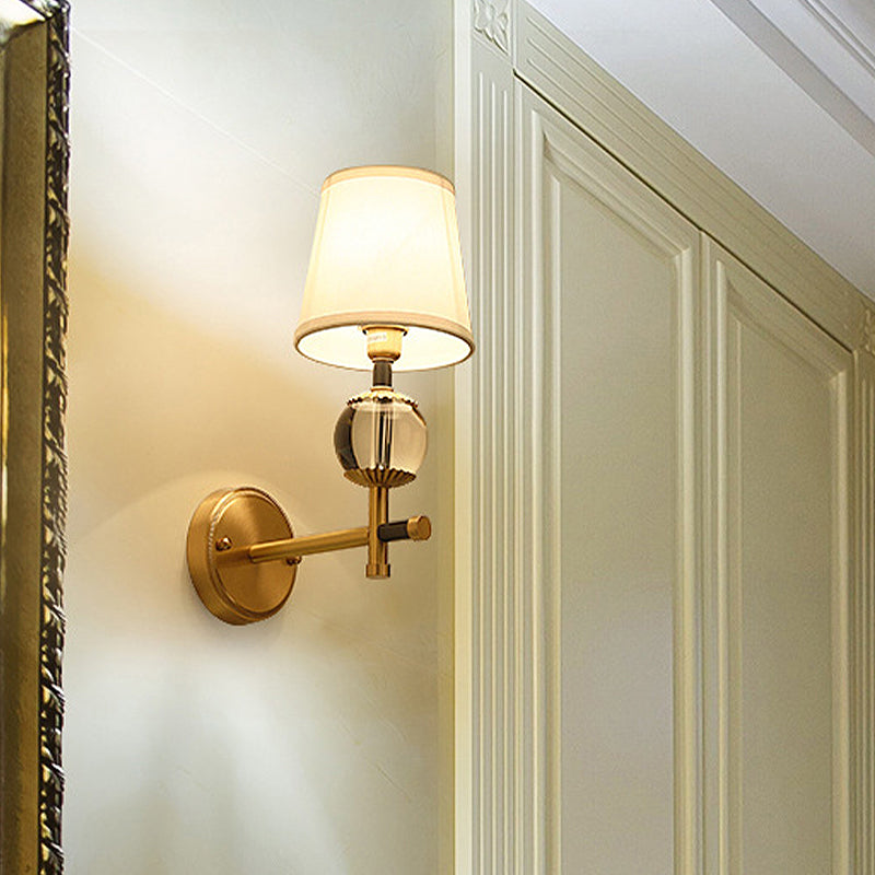 Skørter | Gold conical wall-mounted lamp traditional white fabric 1/2 heads entrance wall lamp with crystal ball
