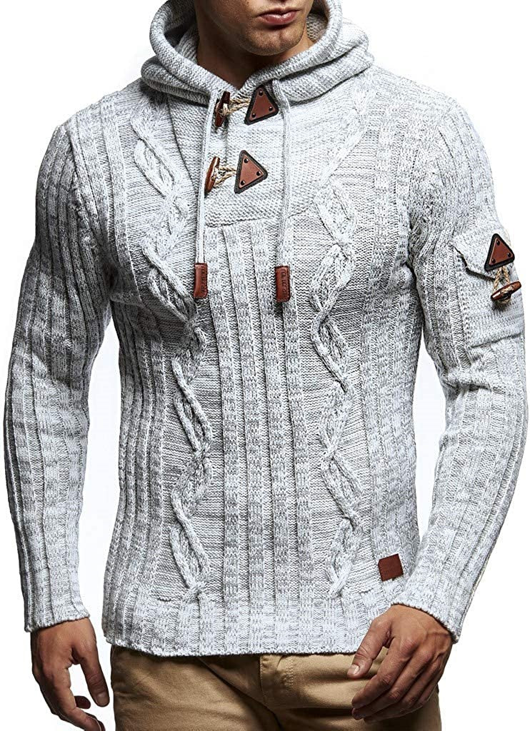 Men's chunky knit sweater with hood and decorative lace-up details Lisslune