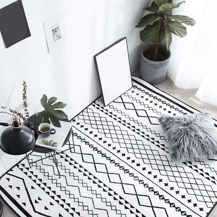 Lisslune | Black Living Room Rug Nordic Geometric Print Area Rug Polypropylene Non-Slip Pet Friendly Easy Care Rug