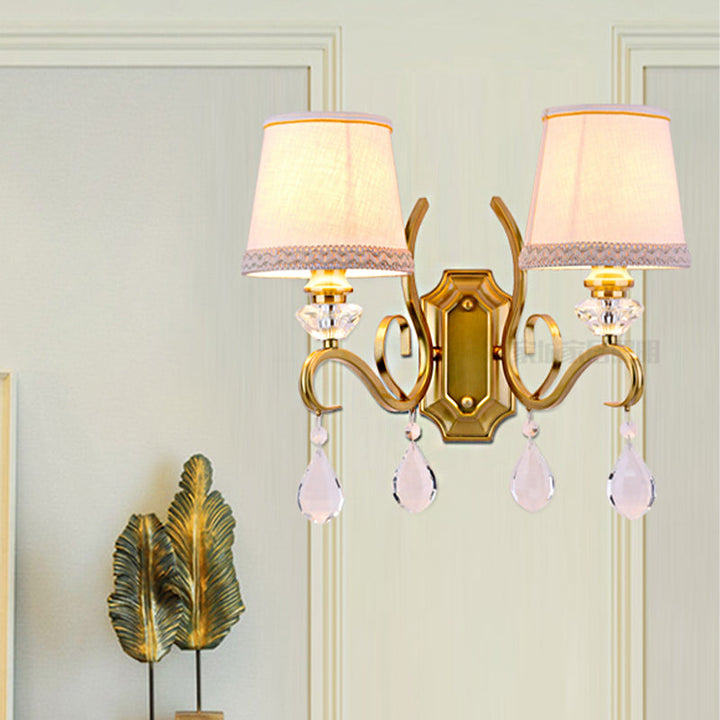 Skørter | Fabric Gold Wall Lamp Collected Empire Lampshade 1/2-Light Vintage Wall Mount Light Fixture with Clear Crystal Drop