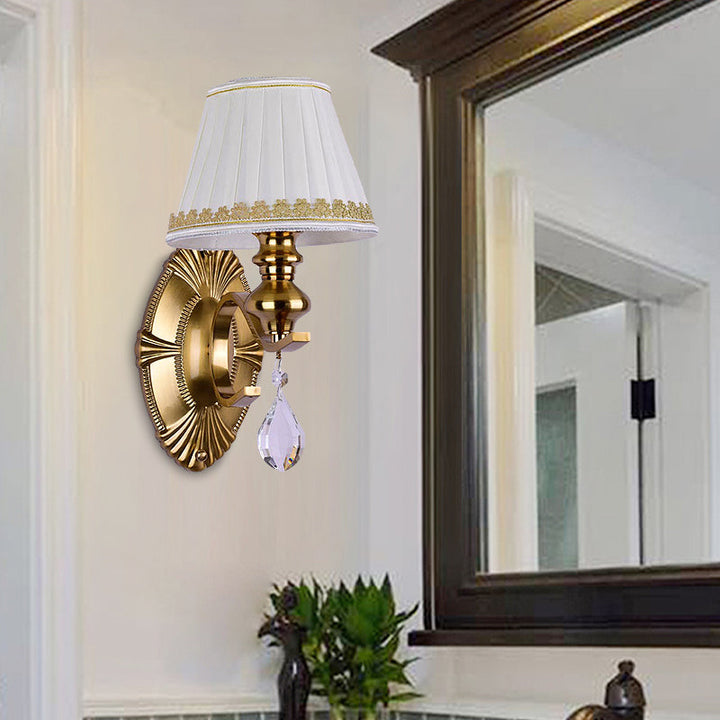 Skørter | Fabric Gold Wall Lamp Collected Empire Lampshade 1/2-Light Vintage Wall Mount Light Fixture with Clear Crystal Drop