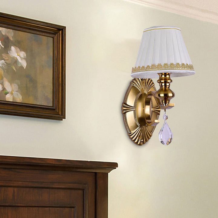 Skørter | Fabric Gold Wall Lamp Collected Empire Lampshade 1/2-Light Vintage Wall Mount Light Fixture with Clear Crystal Drop