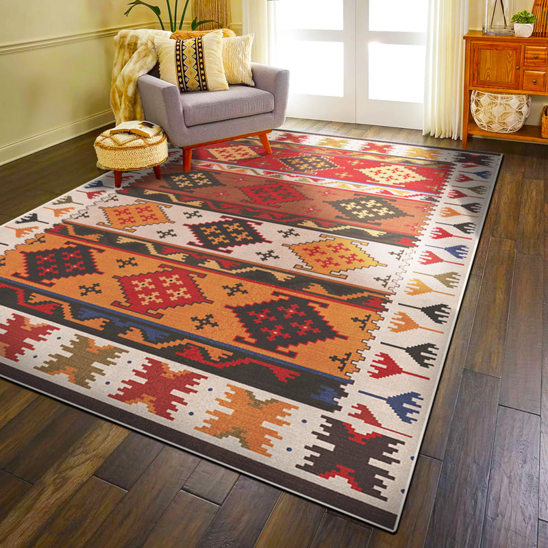 Lisslune | Red Southwest Rug Polypropylene geometric pattern area rug non-slip backing machine washable easy care indoor rug for living room