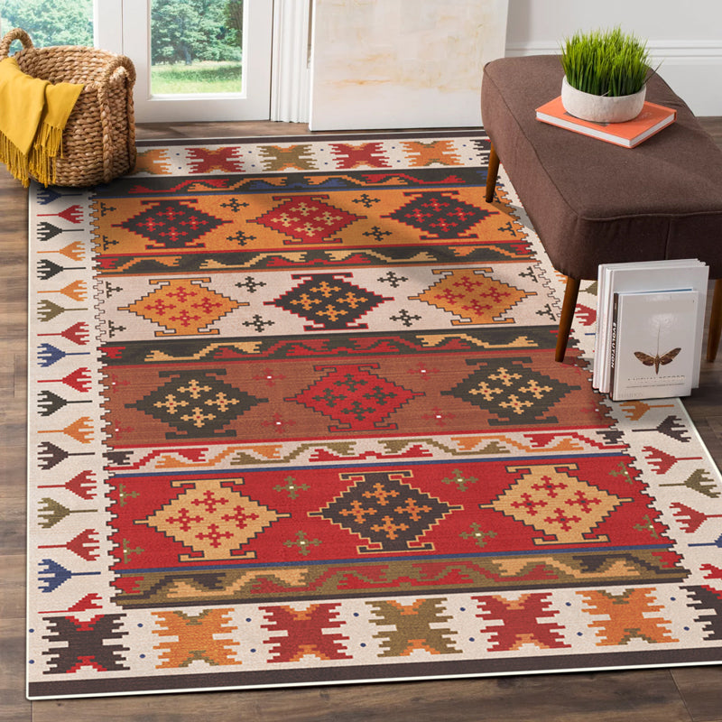 Lisslune | Red Southwest Rug Polypropylene geometric pattern area rug non-slip backing machine washable easy care indoor rug for living room