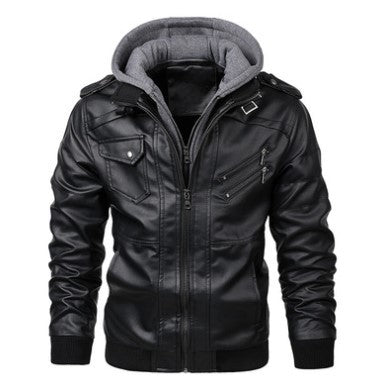 Men's synthetic leather jacket with removable hood and multiple zippered pockets Lisslune