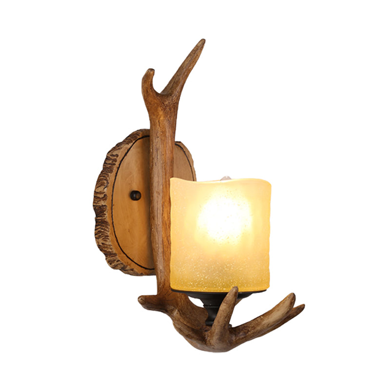 Skørter | Wood 1 Light Sconce Light Country Resin Antler Wall Lighting Fixture for Living Room with Frosted Glass Shade