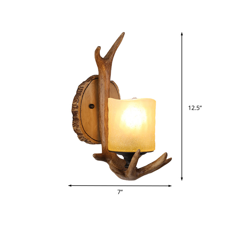 Skørter | Wood 1 Light Sconce Light Country Resin Antler Wall Lighting Fixture for Living Room with Frosted Glass Shade