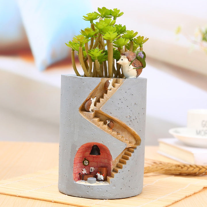 Lisslune | Decorative plant pot with hedgehog and rabbit miniature – Creative staircase design for plants