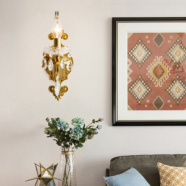 Skørter | 1/2 Light Metallic Wall Lamp Vintage Gold Candle Living Room Wall Light Fitting with Crystal Draping