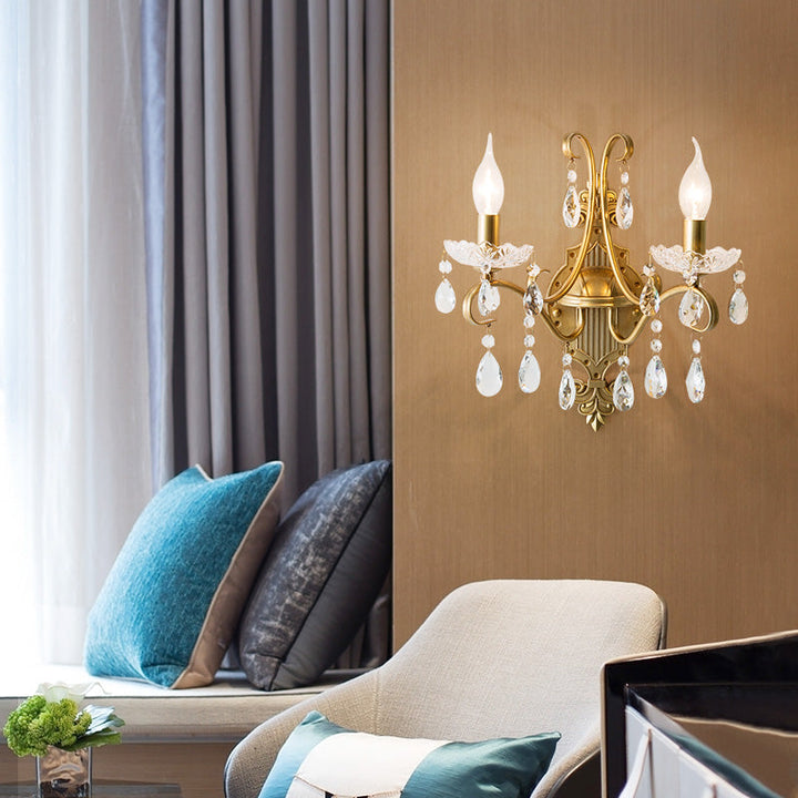 Skørter | 1/2 Light Metallic Wall Lamp Vintage Gold Candle Living Room Wall Light Fitting with Crystal Draping