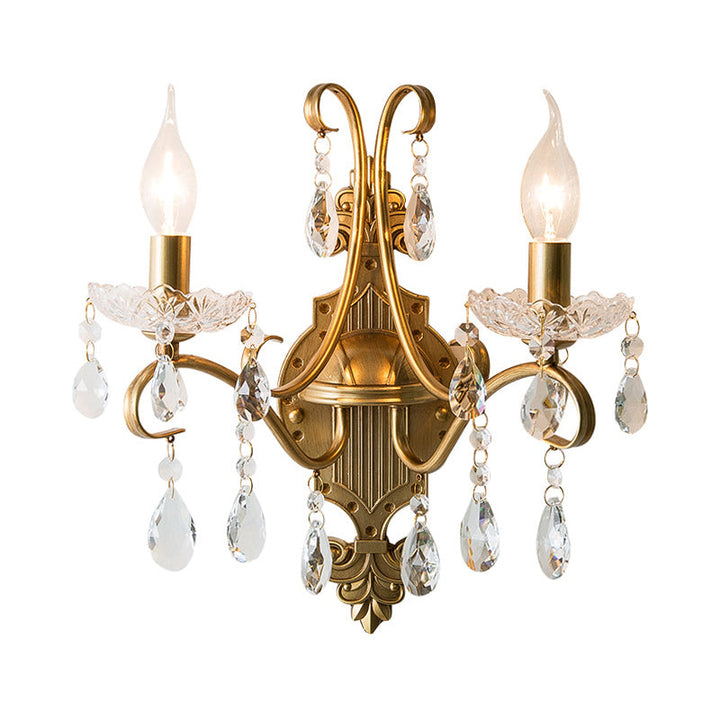 Skørter | 1/2 Light Metallic Wall Lamp Vintage Gold Candle Living Room Wall Light Fitting with Crystal Draping