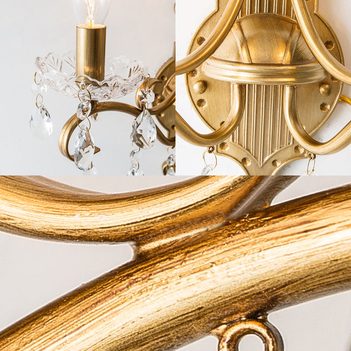 Skørter | 1/2 Light Metallic Wall Lamp Vintage Gold Candle Living Room Wall Light Fitting with Crystal Draping