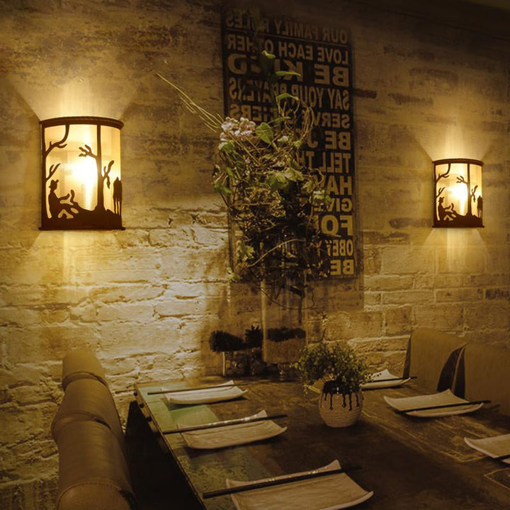 Skørter | Vintage Cylinder Wall Lamp 1 Lamp Metal and Fabric Wall Mounted Light in Rust for Restaurant with Animal Pattern