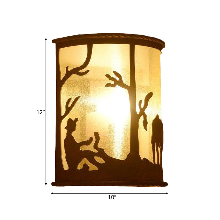 Skørter | Vintage Cylinder Wall Lamp 1 Lamp Metal and Fabric Wall Mounted Light in Rust for Restaurant with Animal Pattern