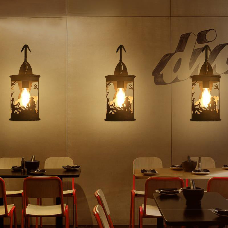 Skørter | Land lantern wall light 1 bulb metal wall mount lighting in black for restaurant with wildlife pattern