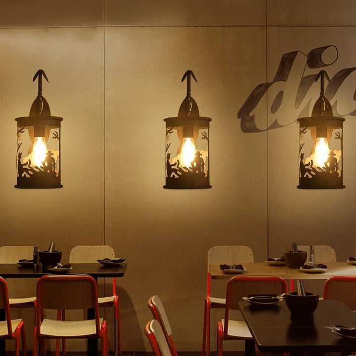 Skørter | Land lantern wall light 1 bulb metal wall mount lighting in black for restaurant with wildlife pattern