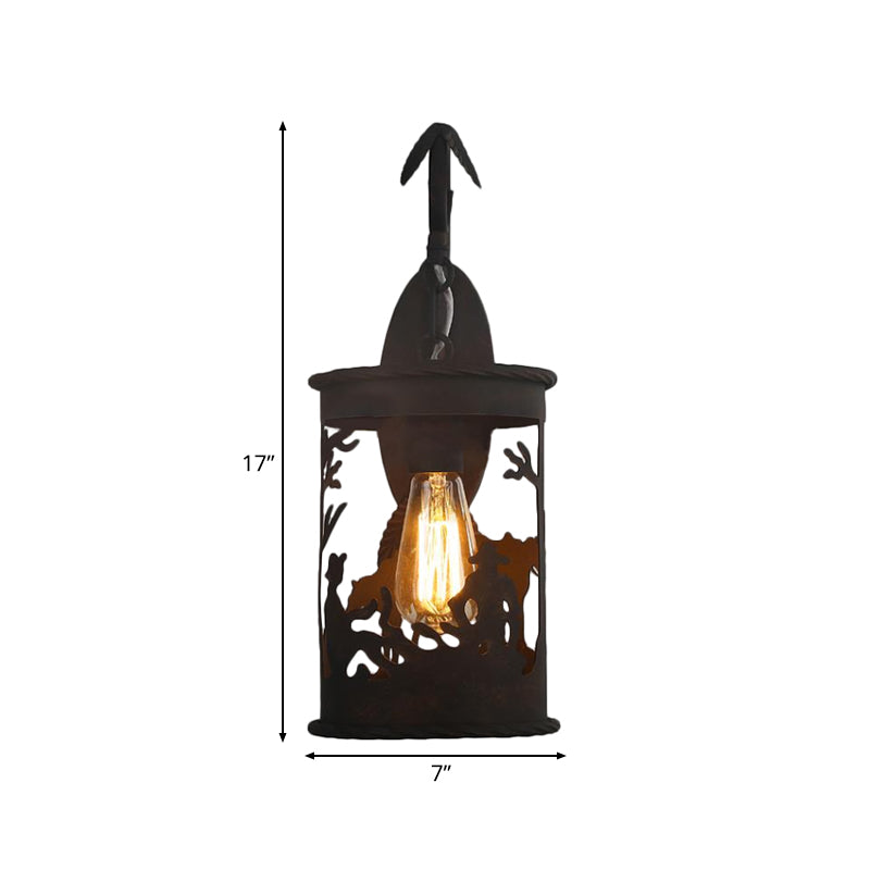 Skørter | Land lantern wall light 1 bulb metal wall mount lighting in black for restaurant with wildlife pattern