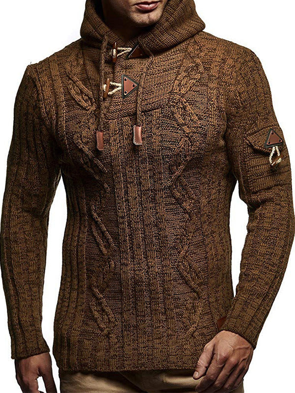 Men's chunky knit sweater with hood and decorative lace-up details Lisslune