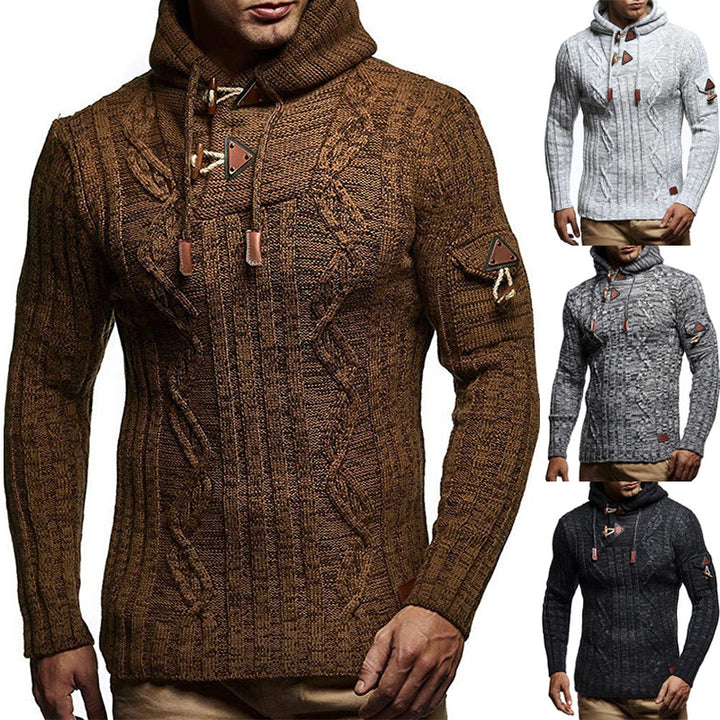 Men's chunky knit sweater with hood and decorative lace-up details Lisslune