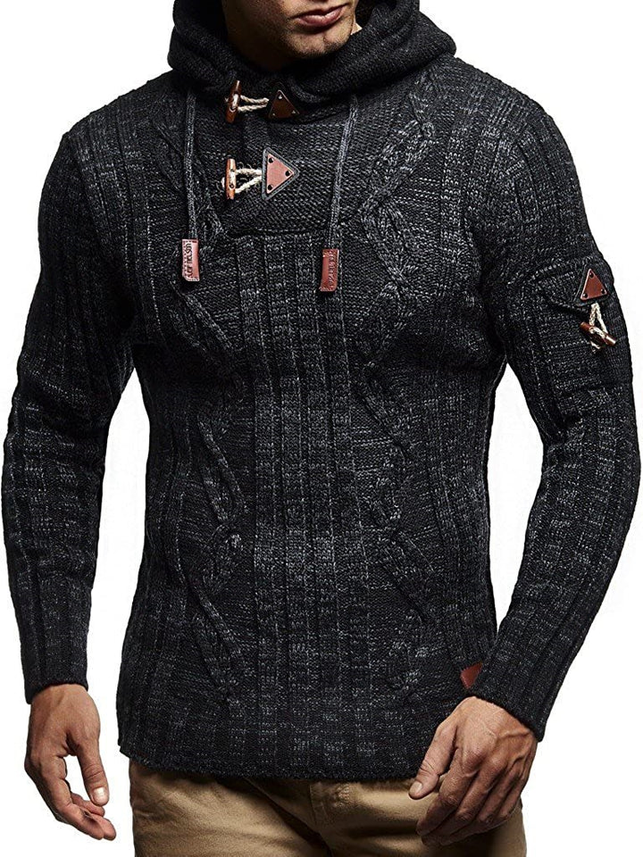 Men's chunky knit sweater with hood and decorative lace-up details Lisslune