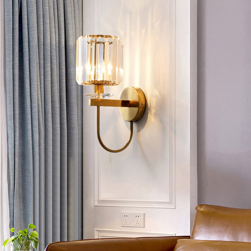 Skørter | Cylindrical Crystal Wall Lighting Postmodern 1 Head Gold Color Wall Light with Curved Arm