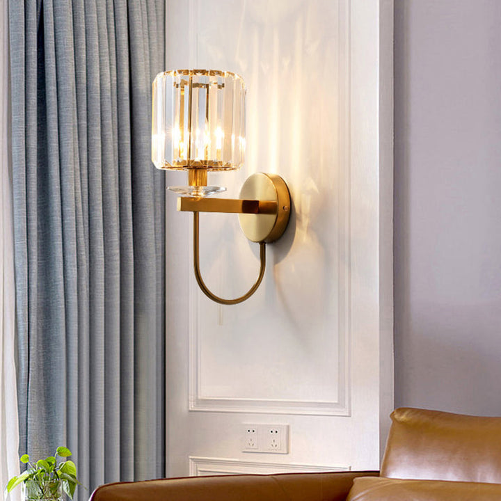 Skørter | Cylindrical Crystal Wall Lighting Postmodern 1 Head Gold Color Wall Light with Curved Arm
