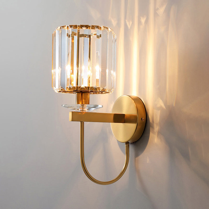 Skørter | Cylindrical Crystal Wall Lighting Postmodern 1 Head Gold Color Wall Light with Curved Arm