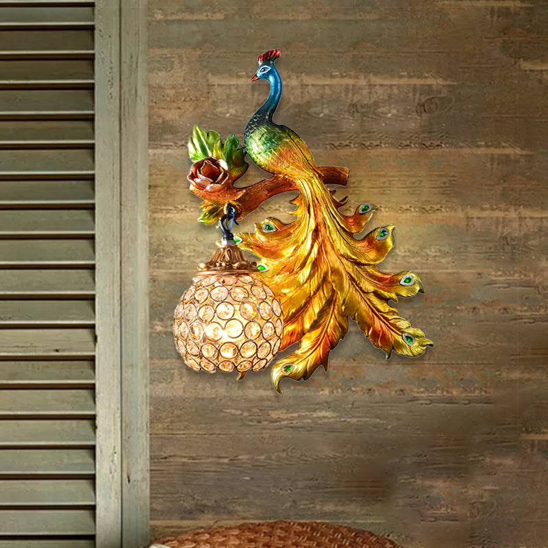 Skørter | Peacock Bedroom Wall Lamp Fixture Country Resin 1 Light Green/Gold Wall Lamp with Orb Crystal Shade, Left/Right
