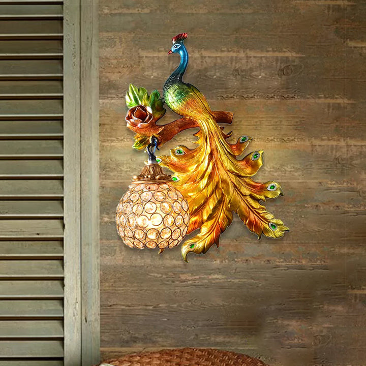 Skørter | Peacock Bedroom Wall Lamp Fixture Country Resin 1 Light Green/Gold Wall Lamp with Orb Crystal Shade, Left/Right