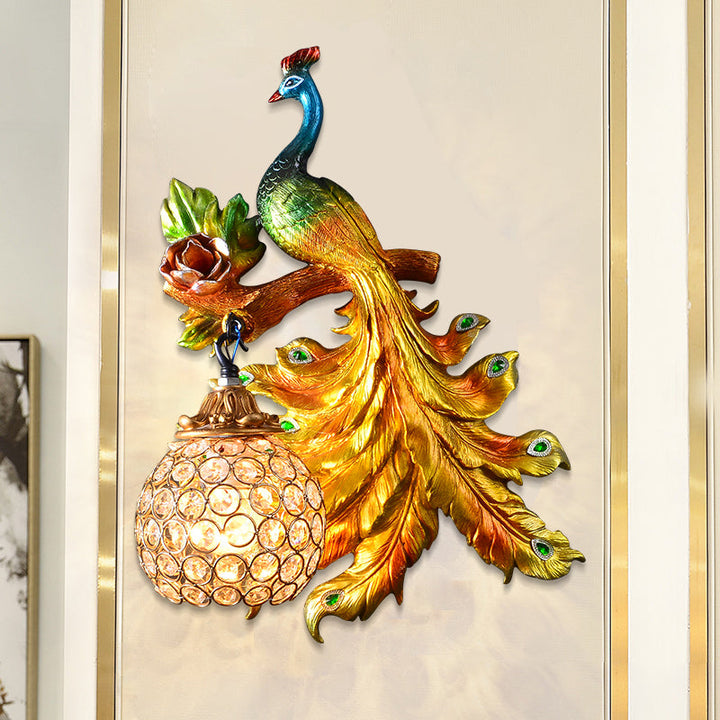 Skørter | Peacock Bedroom Wall Lamp Fixture Country Resin 1 Light Green/Gold Wall Lamp with Orb Crystal Shade, Left/Right