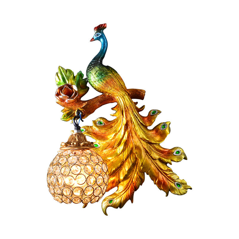 Skørter | Peacock Bedroom Wall Lamp Fixture Country Resin 1 Light Green/Gold Wall Lamp with Orb Crystal Shade, Left/Right