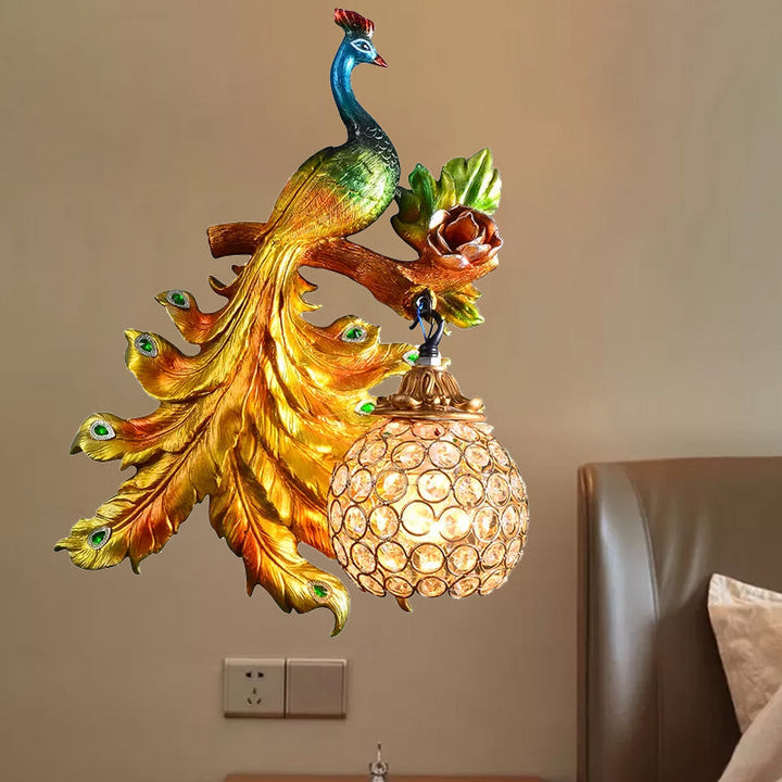 Skørter | Peacock Bedroom Wall Lamp Fixture Country Resin 1 Light Green/Gold Wall Lamp with Orb Crystal Shade, Left/Right