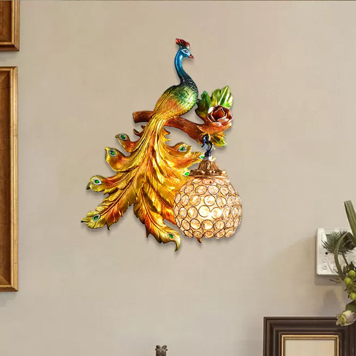Skørter | Peacock Bedroom Wall Lamp Fixture Country Resin 1 Light Green/Gold Wall Lamp with Orb Crystal Shade, Left/Right