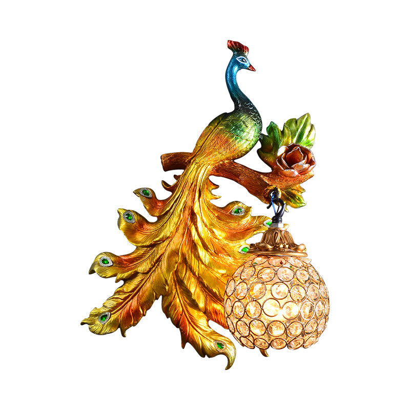Skørter | Peacock Bedroom Wall Lamp Fixture Country Resin 1 Light Green/Gold Wall Lamp with Orb Crystal Shade, Left/Right