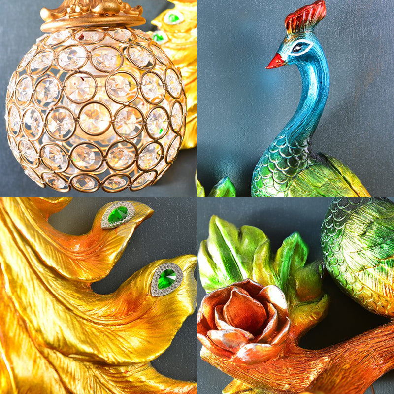 Skørter | Peacock Bedroom Wall Lamp Fixture Country Resin 1 Light Green/Gold Wall Lamp with Orb Crystal Shade, Left/Right