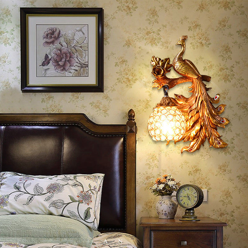 Skørter | Peacock Bedroom Wall Lamp Fixture Country Resin 1 Light Green/Gold Wall Lamp with Orb Crystal Shade, Left/Right
