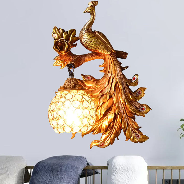 Skørter | Peacock Bedroom Wall Lamp Fixture Country Resin 1 Light Green/Gold Wall Lamp with Orb Crystal Shade, Left/Right